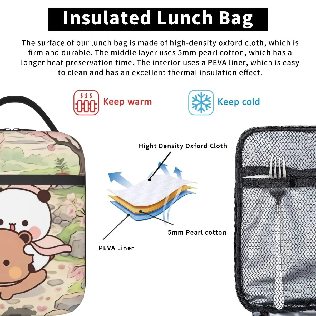 Bubu Dudu لطيف الكرتون الدب شخصية الغداء حقيبة Kawaii الباندا المحمولة علب الاغذية في الهواء الطلق حقيبة للحفاظ على البرودة أكسفورد الحرارية حمل حقائب اليد