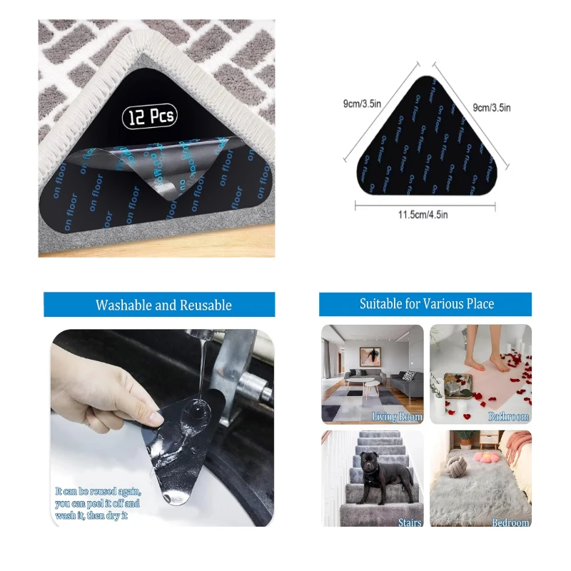 

12pcs Non-slip Carpet Anchors Washable and Reusable Anti-curling Carpet Pads, Suitable for All Floors Triangle Carpet Adhesives