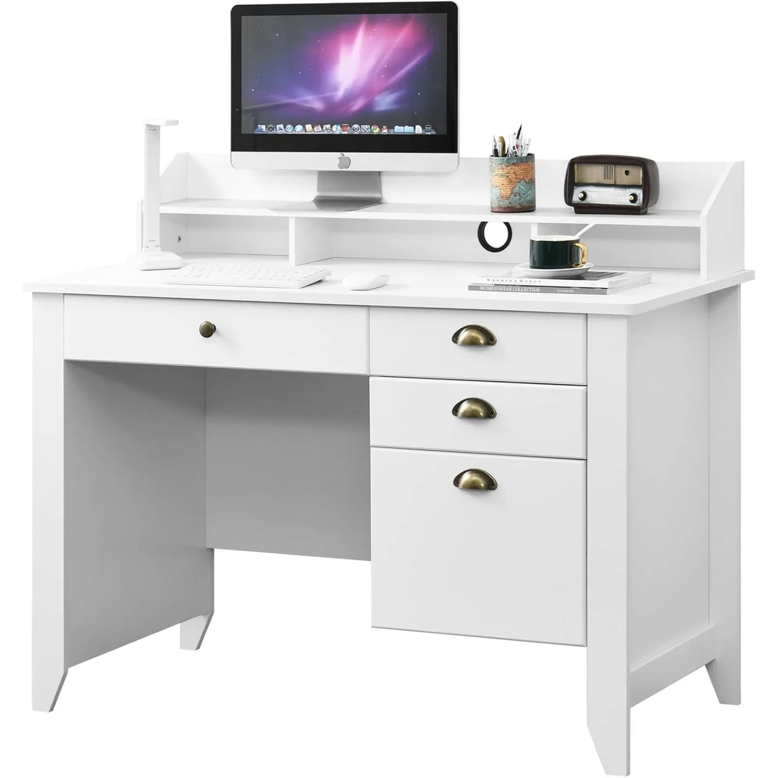 US White Desk with Drawers, 47 Inch Home Office Computer Desk with File Drawers Student Girls Desks Teens Writing Table with
