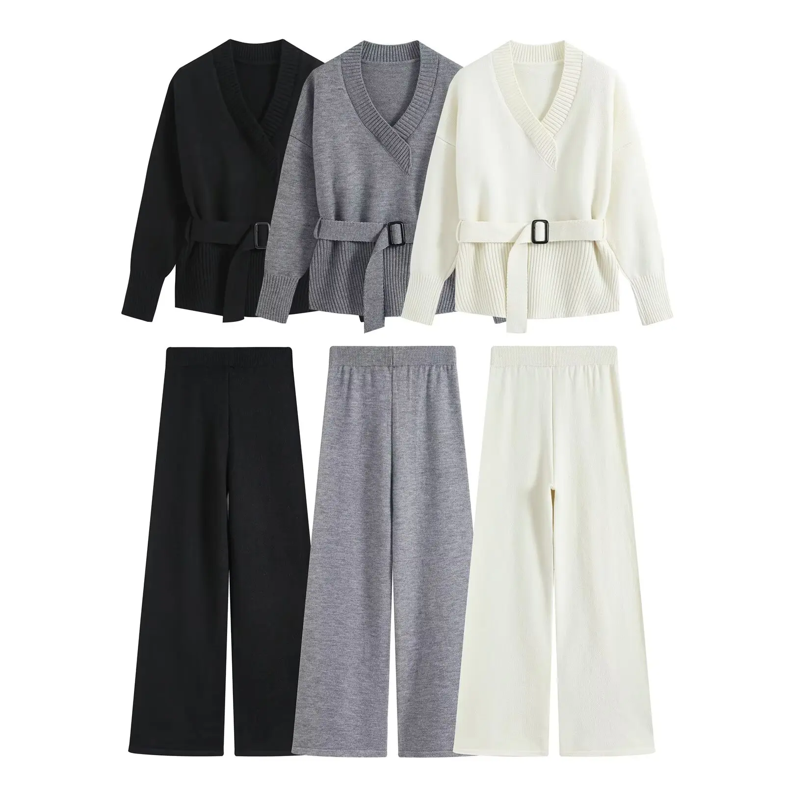 Guobioziy Women's V-Neck Tie Knit Two-Piece Set 2026 Autumn Long-Sleeve Sweater with High-Waist Wide-Leg Pants Loungewear Set