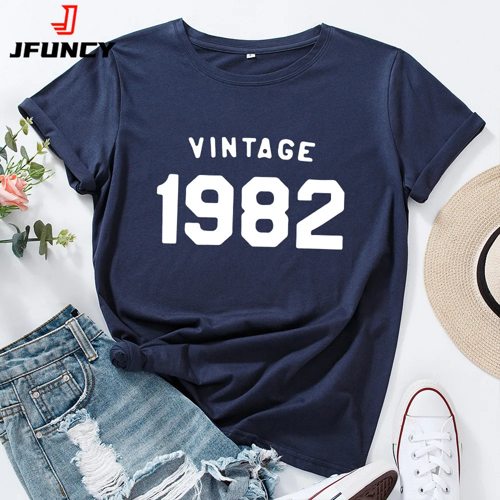 

JFUNCY 2024 Summer Cotton T-Shirt Women T Shirt Vintage 1982 Harajuku Print Short Sleeve Woman Tshirt Casual Female Tee Tops