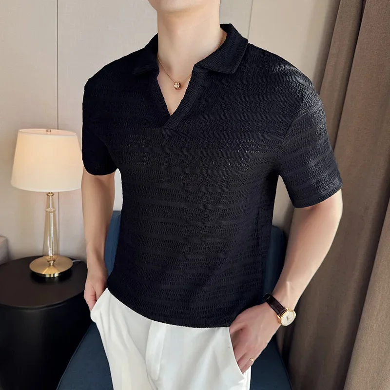 Men\'s Knitted V-neck Polo Shirt 2024 Summer New Breathable Hollow Out Solid Color Casual Short Sleeved T-shirt Men\'s Clothing