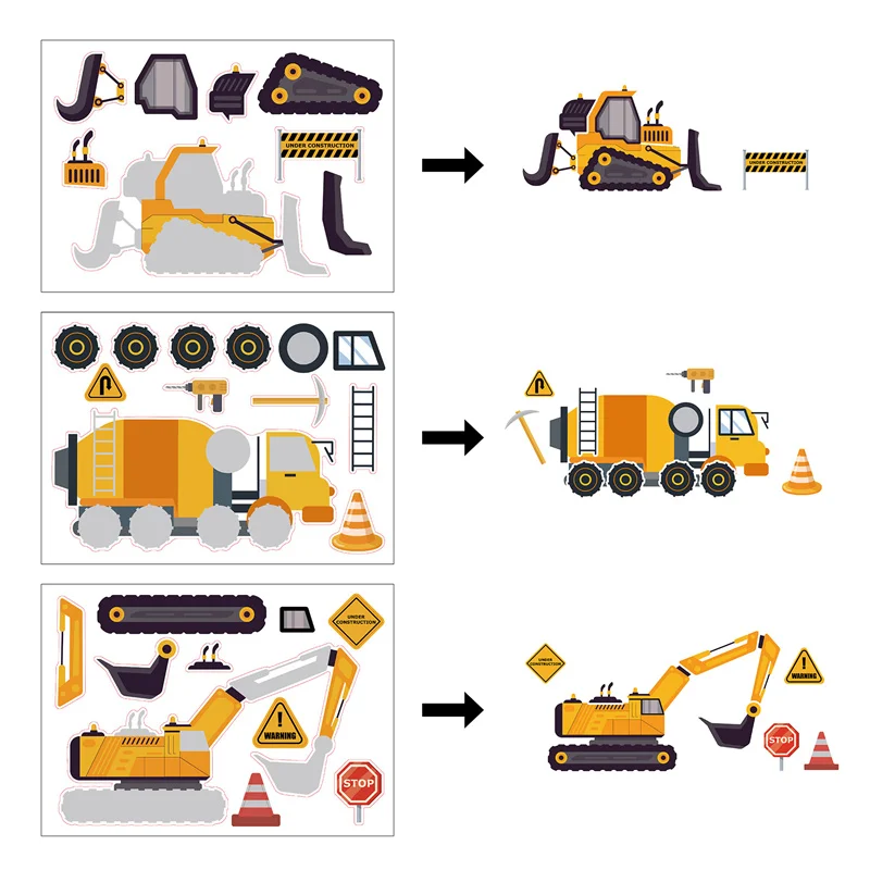 Pegatinas de rompecabezas de vehículos de construcción DIY para niños y niñas, 6/12 hojas, crea tus propias pegatinas de camión, ensamblar, recuerdos de fiesta