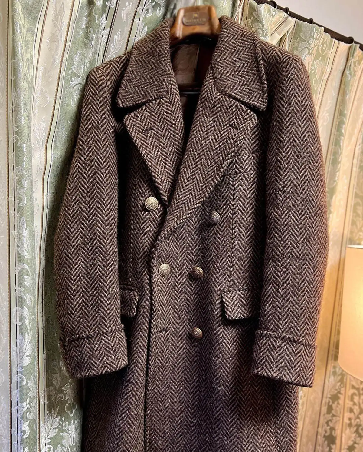 Vintage Men\'s Tweed Long Overcoat Wool Herringbone Suit Double Breasted Tailored Coat