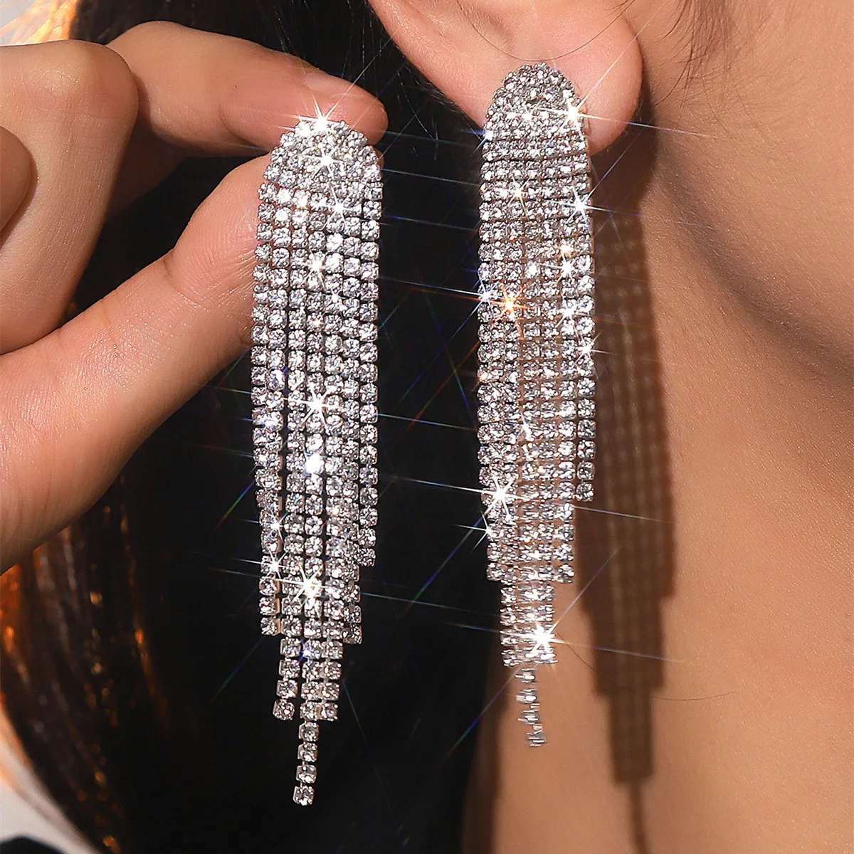 2PC FYUAN Women's Fashion Long Flow Su Pendant Earrings Gold and Silver Water Diamond Hanging Earrings Wedding Party Jewelry-233 image 5