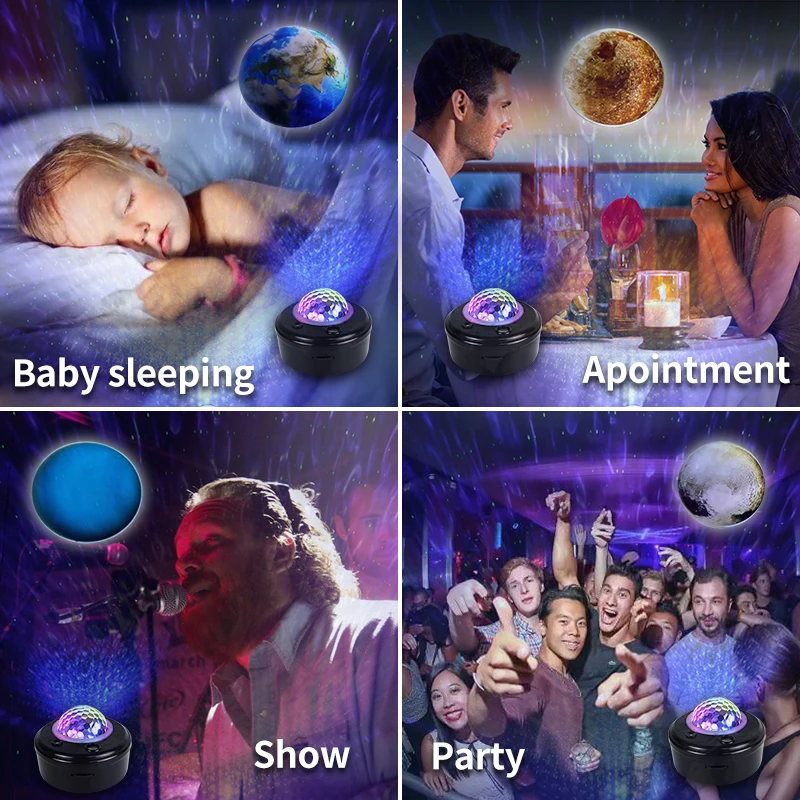 Proyector estrellado RGBW, Mini luz LED nocturna con música y Control por voz, 10 planetas, estrellas, galaxias, Luna, lámpara para decoración de habitación