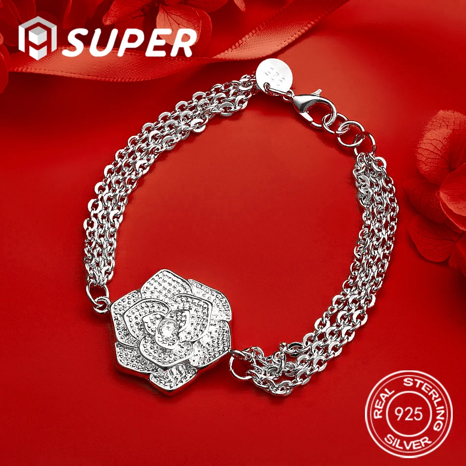

ALISuper 925 Sterling Silver 8-inch Exquisite Rose Bracelet for Women's Fashion Wedding Jewelry