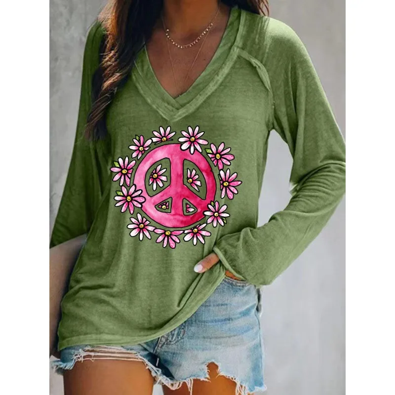 Ilstile Women's Hippie Flower Print T-Shirts Autumn Summer Long Sleeve Casual Loose V Neck Tops Green Tees New Arrival