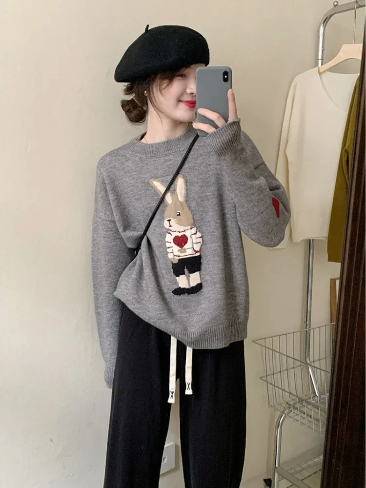 Korean Fashion Y2k Sweaters Cartoon Rabbit Jacquard O Neck Long Sleeve Knit Pullovers Autumn Loose All Match Women Clothing 2024