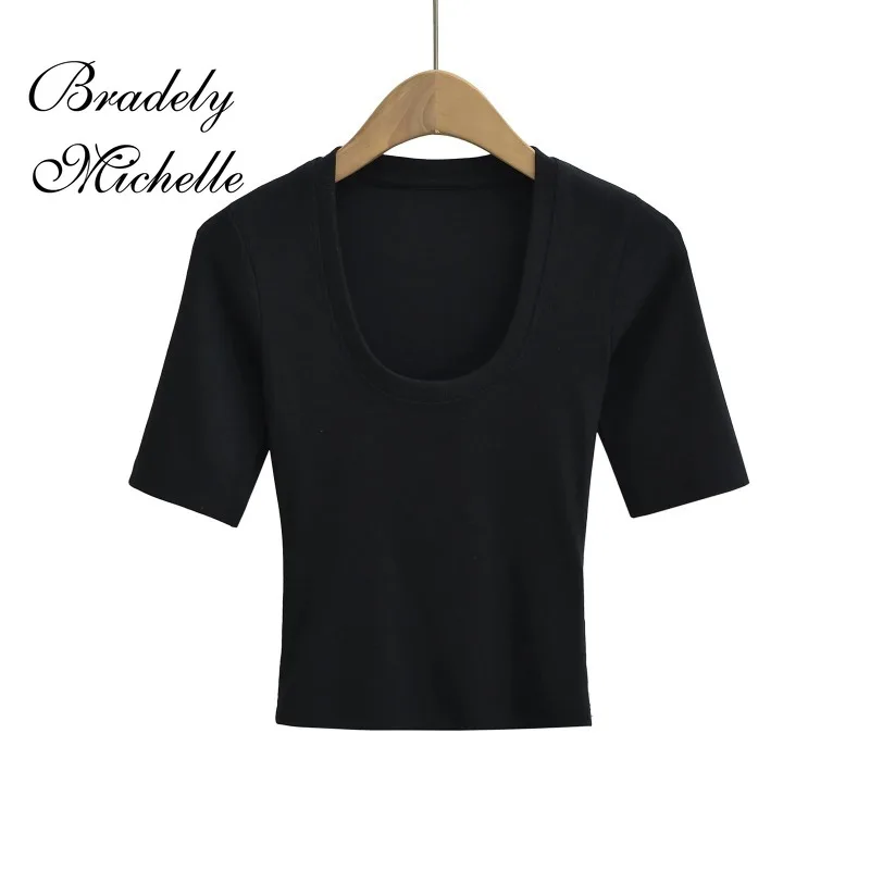 Summer U-collar Solid Women Mid-Sleeve Tops Sexy Pullover Blouses T-shirt