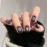 24pcs Black Short Ballet False Nails with Jelly Glue French Design Detachable Fake Nails Art Heart Full Cover Press on Nails Tip