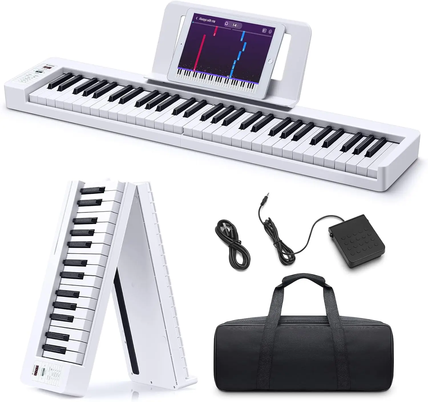 

61-Key Folding Bluetooth Keyboard Piano for Beginners, Portable Piano Keyboard with Music Rest, Bag, Pedal, and App - Whi