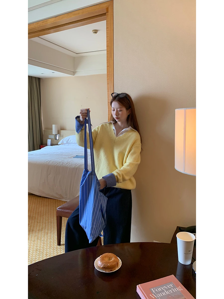 Laid-ba Sle femmes pull tricoté v-ne jaune sirène rétro sensation automne hiver nouveauté coupe confortable tricots