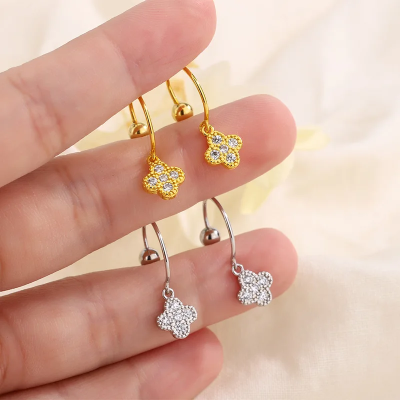 925 Sterling Silver Exquisite U-shaped Earring C-shaped Zircon Four Petal Flower Pendant Earrings Birthday Gift Jewelry