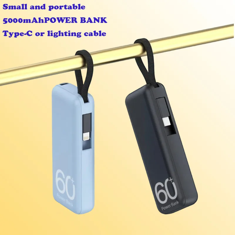 Fast Charger 5000mAh Mini Power Bank With Type-C Lighting Cable Portable Mobile External Battery For iPhone 15 14 Samsung Xiaomi
