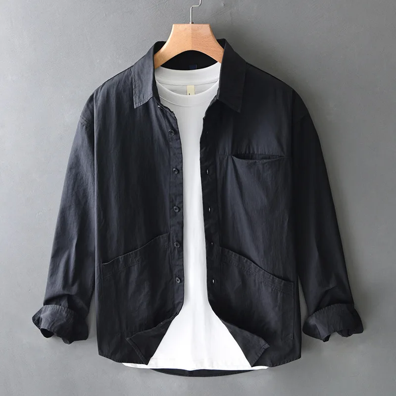 Cargo overhemd met voorzak, heren, lange mouwen, lente- en herfststijl, retro reversoverhemd, losse casual jas