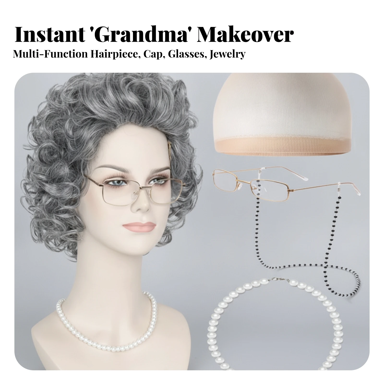 Old Lady Hairpiece Set Elastic Granny Hairpiece Set Granny Glasses with Chain Lightweight Gold-Framed for Adults, Halloween