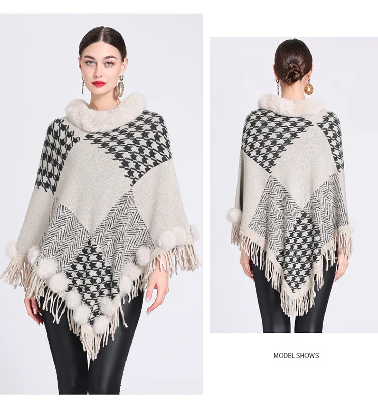 

Women Loose Poncho Pompon Triangle Cape Winter Warm Faux Rabbit Fur Neck Plaid Tassel Cloak Out Pullover Shawl Streetwear