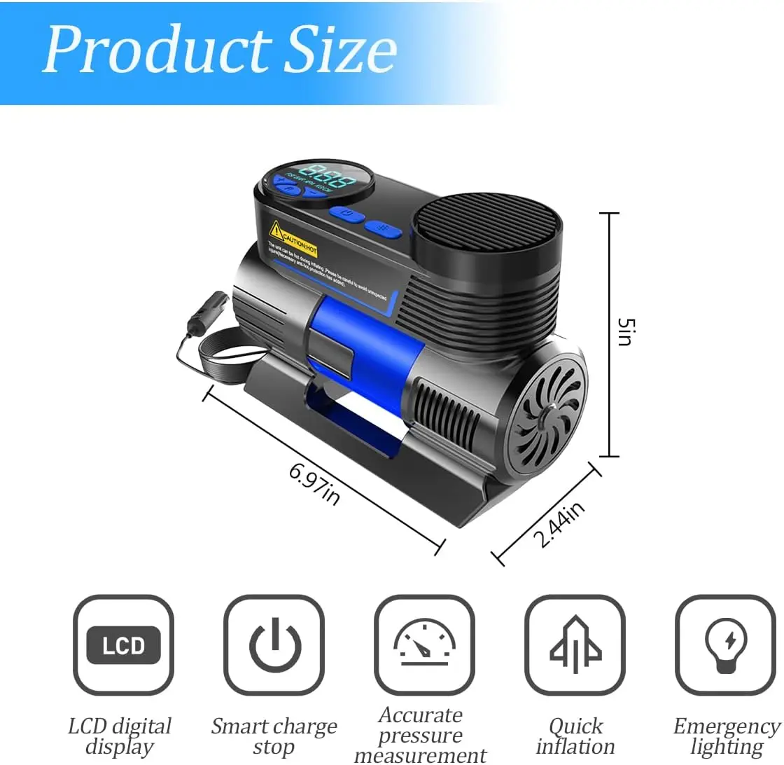 Portable Tire Inflator Air Compressor DC 12V Auto Tire Pump with Digital Pressure Display,150PSI with Emergency LED Light