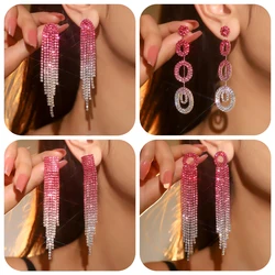 Pink White Rhinestone Earrings Dangling Long Fringe Crystals Chandelier Dangle Drop Earrings for Women Girls