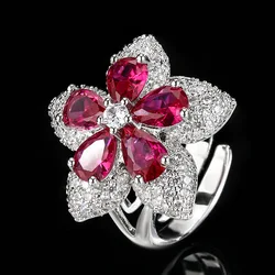 Stunning Adjustable Flower Shaped Rings Silver Toned with Gorgeous Ruby Green Gemstones Sparkling Crystal for Women Jewelry Gift