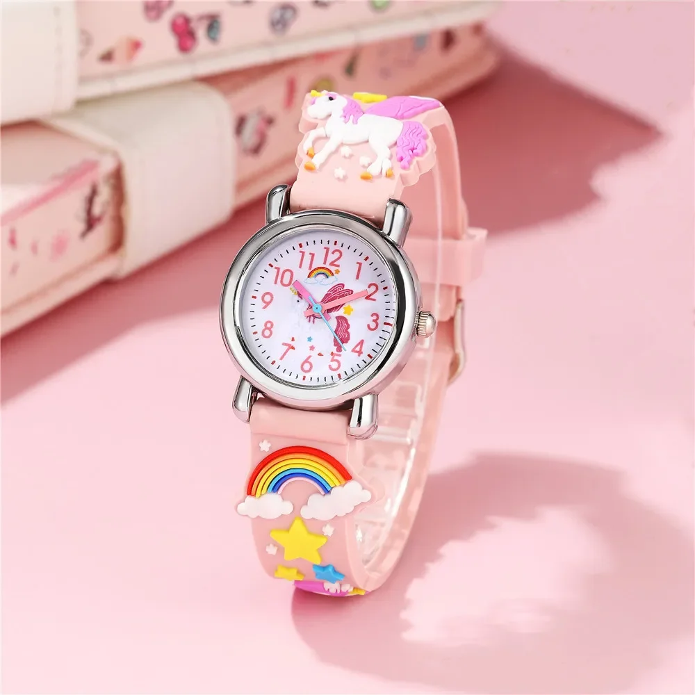 Casual Cute Kids Watch Kawaii Cartoon 3D Unicorn Pink Silicone Girl Arabic Digital Quartz Wristwatches Children