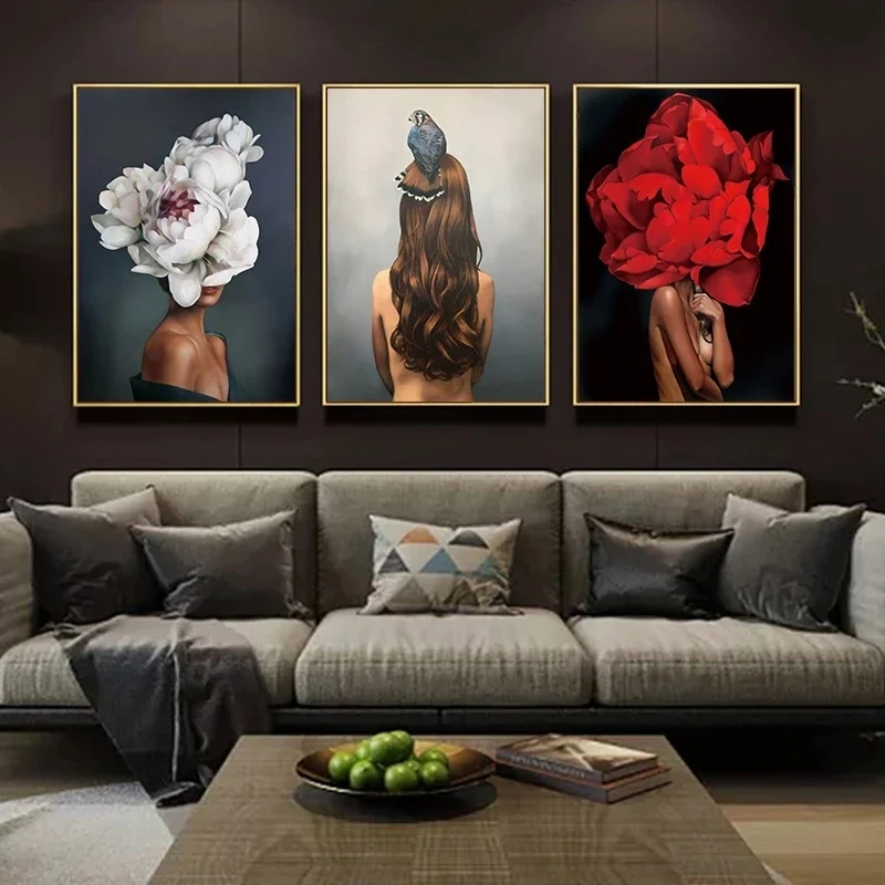 Nordic Woman Head with Flowers Canvas Paintings On the Wall Art Posters And Prints Feather Girls Wall Pictures Home Cuadros