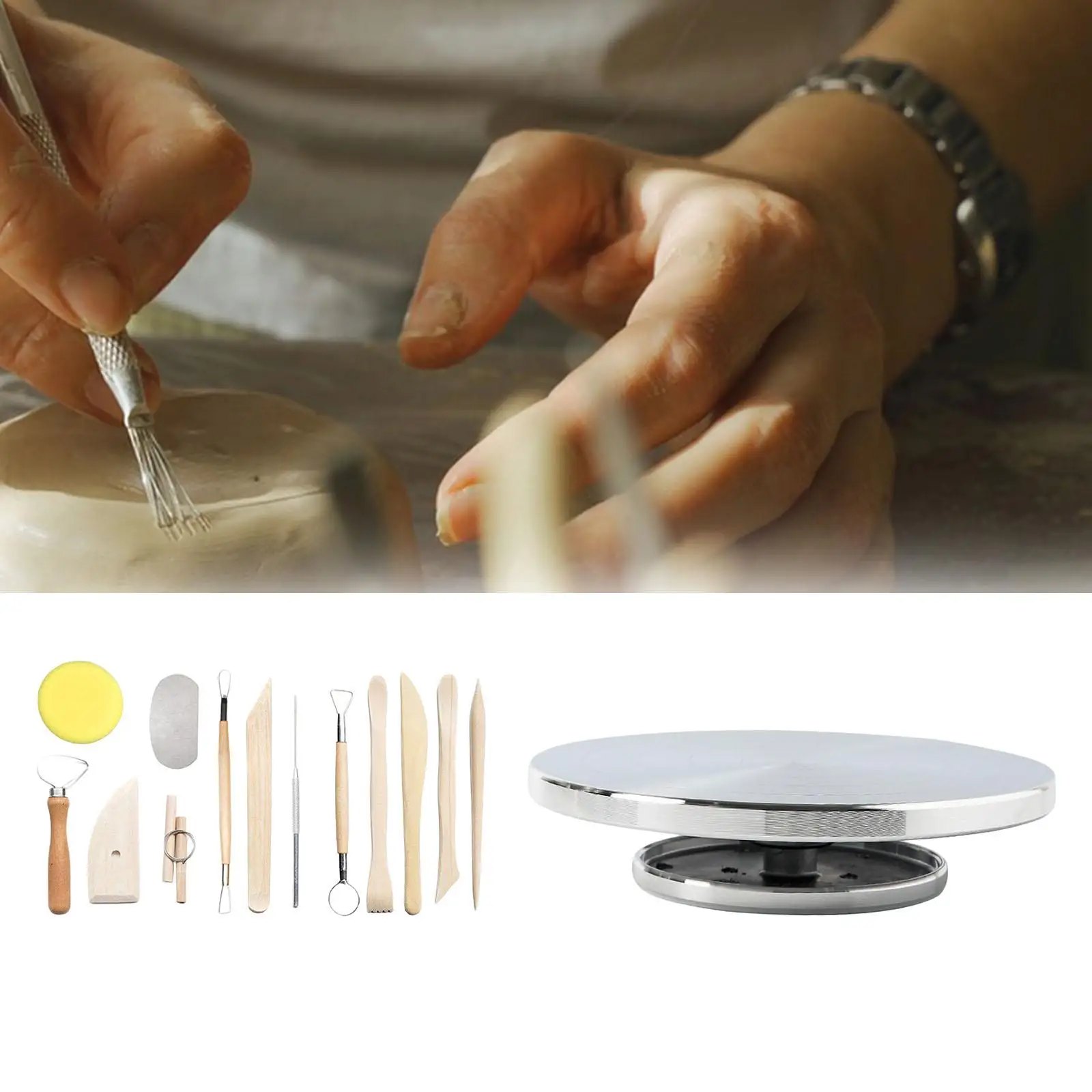 Roda de Cerâmica com Bandeja Giratória, Kit de Ferramentas de Argila em Liga de Alumínio para Modelagem e Artesanato para Iniciantes e Adultos