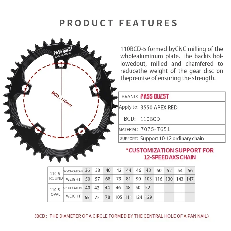 PASS QUEST 110BCD Five Claws Hollow Round Oval Road Bike Narrow Wide Chainring 36-58T Bicycle Accessories