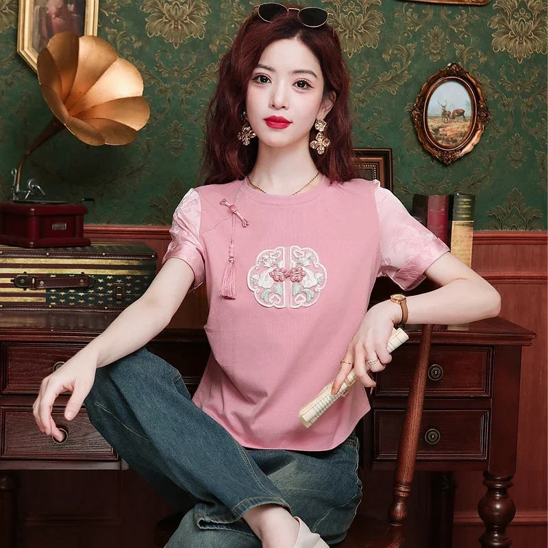 Fashion Chinese Style Embroidery Blouse Women Tops Shirt Summer Short Sleeve Women Blouse Blusas Mujer De Moda 2024 Verano H590