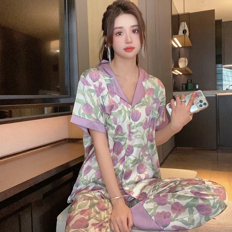 Lisacmvpnel Women Short Sleeve Suit Pajamas Girl Summer Ice Silk Sweet Wind Flower Print Sleepwear