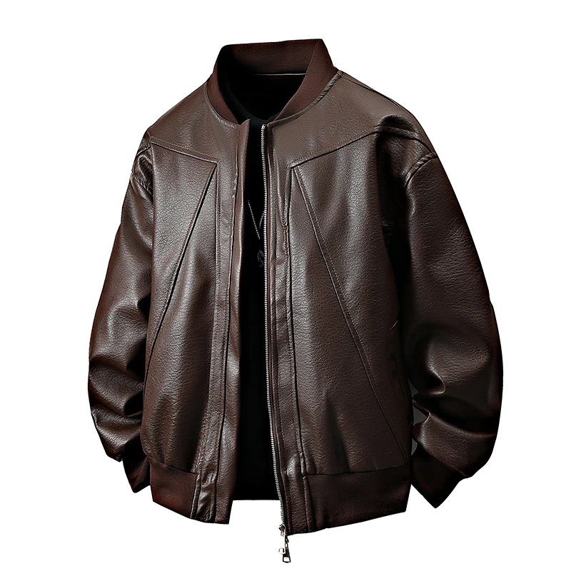 

2026 Newest Mens Leather Jackets Unisex Pu Coats Loose Streetwear Style Youth Clothing Round Neck Bomber Locomotive PU Coat Top