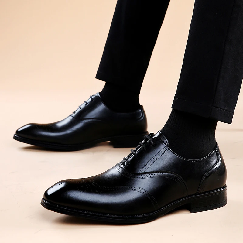 Classic Black Men's Formal Shoes Height Increasing Wingtip Oxford Shoes Glossy Carved Brogue Wedding Party Business Dress Shoes