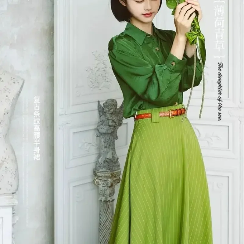 New Fashion Striped Skirt Women Spring Autumn High Waist A-line French Vintage Office Lady Midi Skirts Women's Clothing