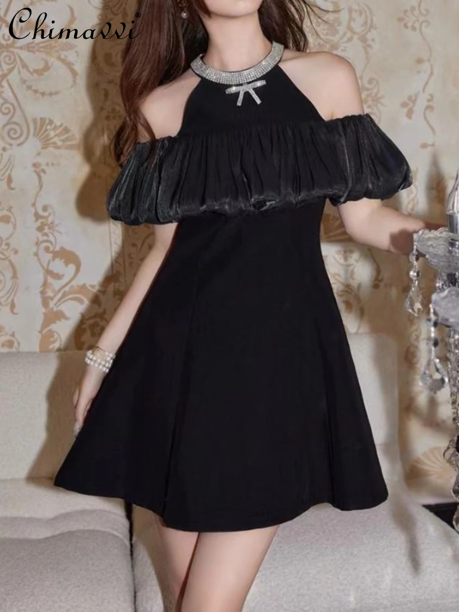 

New Party Black Dress Korean Fashion Round Neck Socialite Elegant Exquisite Rhinestone Off-Shoulder Ruffled Pure Sexy Mini Dress