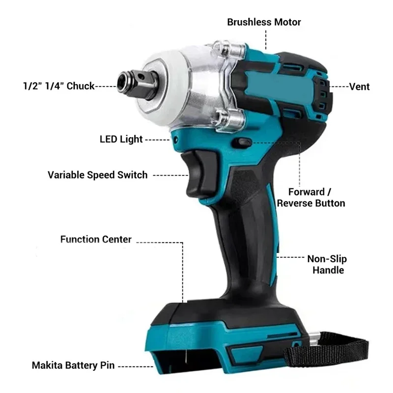 

1/2" Blue Brushless/Brushed Electric Impact Wrench, Cordless Socket Wrench for Makita 18V Battery Rechargeable Heavy Duty