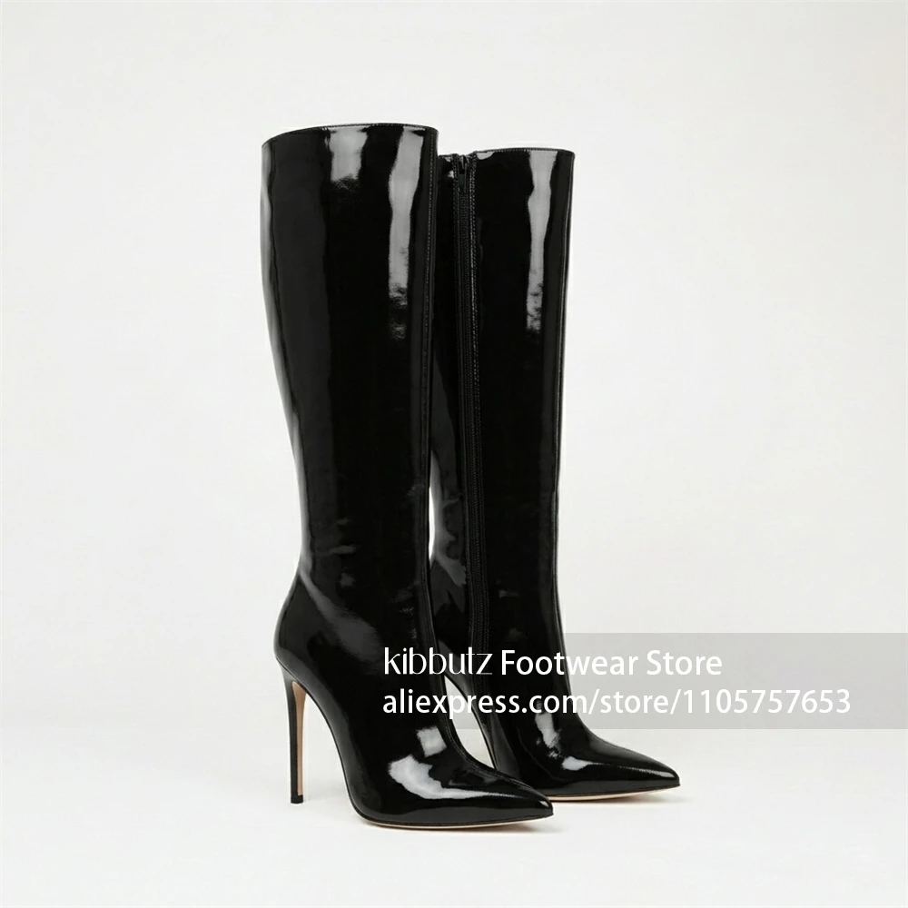 Tall Thin Black Stiletto Heel Boots Shiny Mirror Surface Upper Stiletto Heel Boots  Slip On Knee High Shaft Stiletto Heel Boots