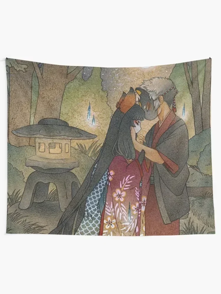 Okina and Shiro - Kitsune Yokai TeaKitsune Tapestry Christmas Decoration Decoration Aesthetic Hanging Wall Tapestry