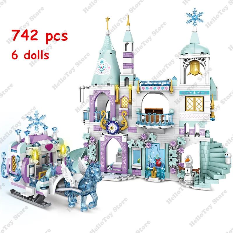 2024 Princess Elsa Anna Lec Castle Series Building Block Carriage Sled Wagon Brick Set Classic Movie Model Kids Toy Girls Gift