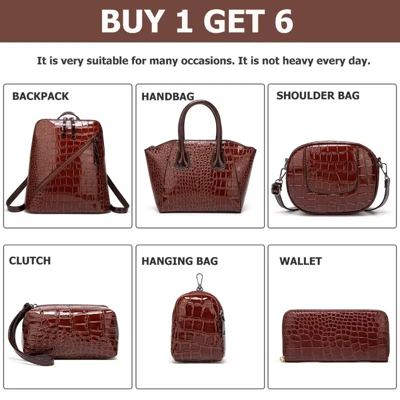 6Pcs Solid Color Crocodile Pattern Handbag Set, Large Capacity Versatile Women Shoulder Crossbody Purse Kit view 4