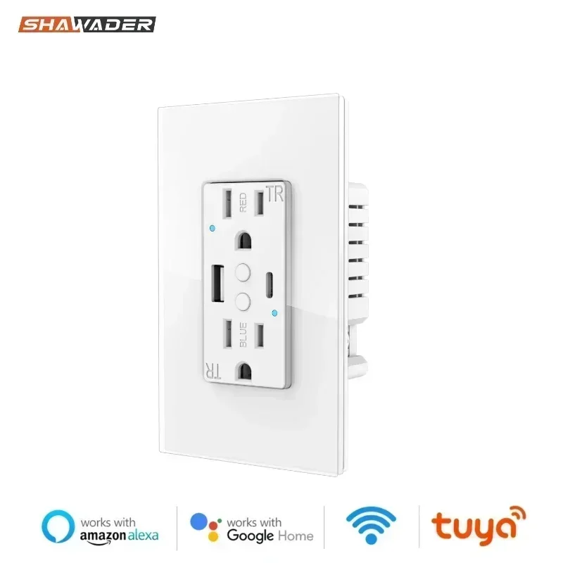 Shawader US Power Plug WIFI Smart Wall Socket USB Type-C Outlet PD 20W Fast Charger Glass Panel Remote by Tuya Alexa Google Home