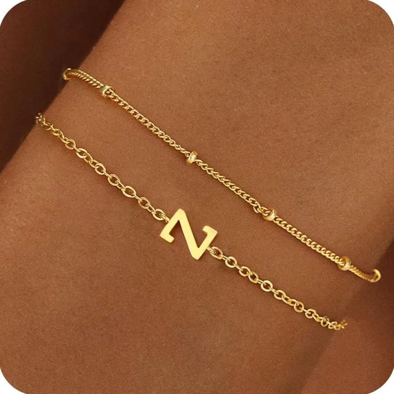 Cute Mini Waterproof PVD Gold Plated Initial Chain Bracelet Fashion Stainless Steel Sideways Letter Charm Bracelets Women