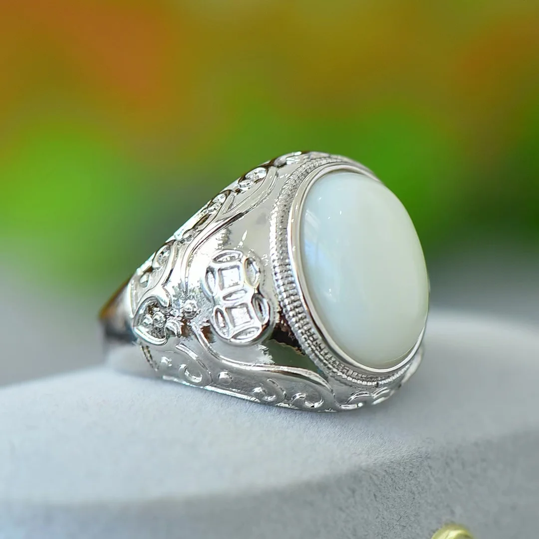 Jade Hetian💍Anillo de piedra Natural ajustable para hombres y mujeres, joyería de piedras preciosas, amuleto Retro de lujo, joyería de mascarillas