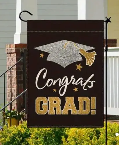 Congrats Grad Black & Gold Graduation Garden Flag - Outdoor Flag 12”x18”