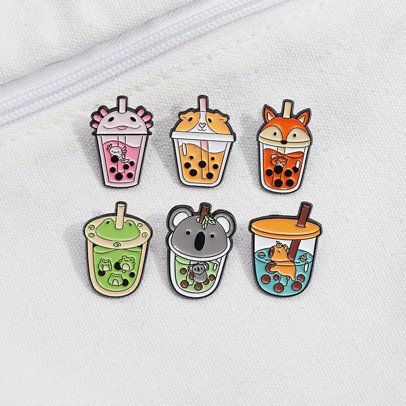 Cartoon Hippo Fox Frog Cup Pearl Bobo Milk Tea Enamel Pin Cute Animal Brooches Backpack Lapel Badges Jewelry Gifts for Friends view 6