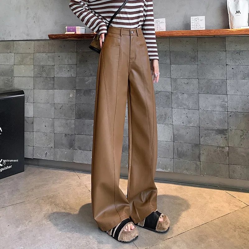 Matte PU Leather Wide Leg Pants Women's Loose Fitting Floor Length Straight Cut Retro Casual Drapey Trousers Coffee Color Hig...