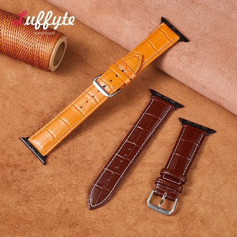 Pulseira de relógio de couro em relevo masculina e feminina, pulseira para Apple iWatch Series 9, 8, 7, 6, 5, 4, 3, SE, 49mm, 44mm, 45mm, 42 milímetros, 38 milímetros, 40 milímetros, 41 milímetros