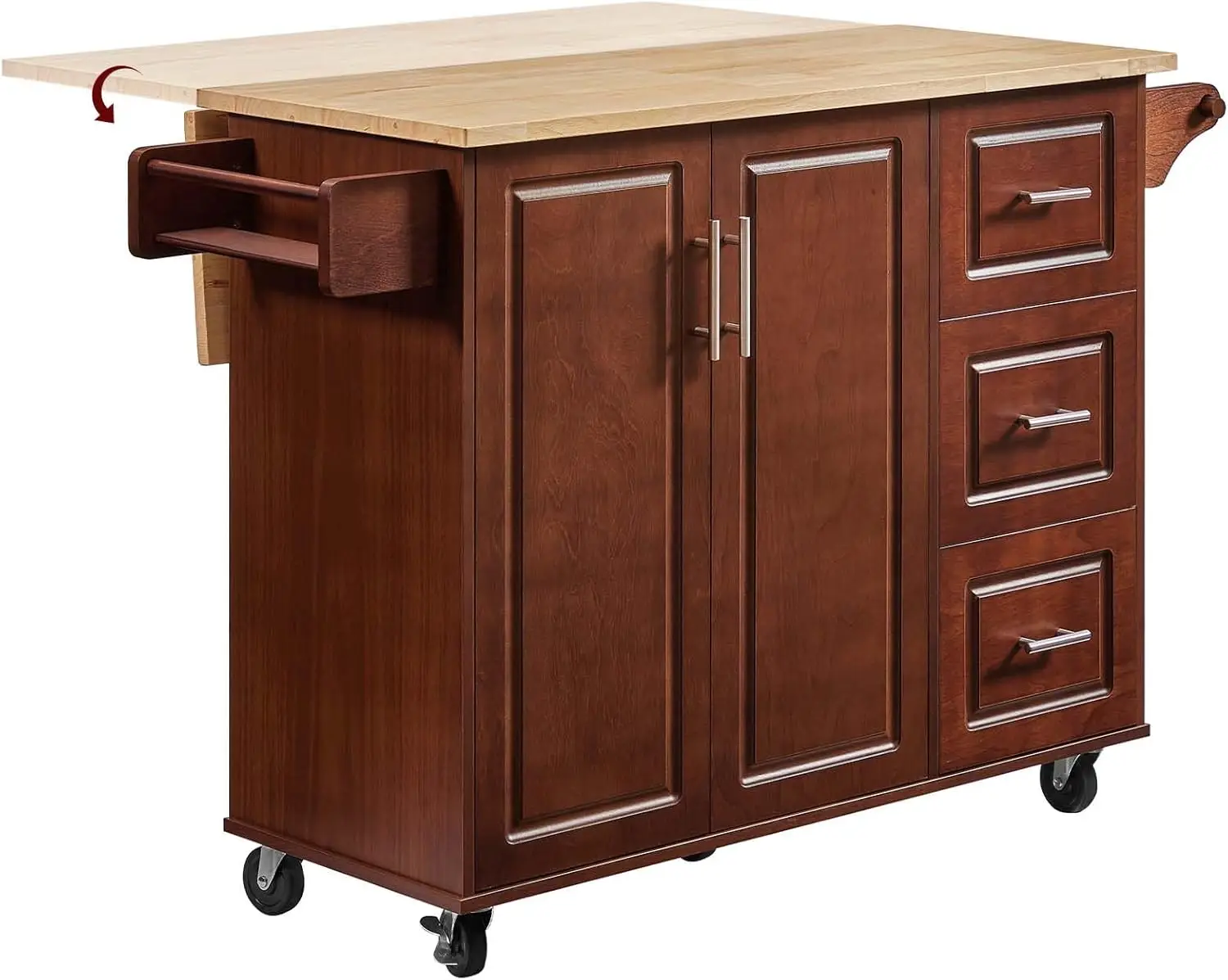 

54" Rolling Kitchen Island Cart with Storage, Folding Drop Leaf Breakfast Bar, 3 Drawers & Spice Rack, Brown