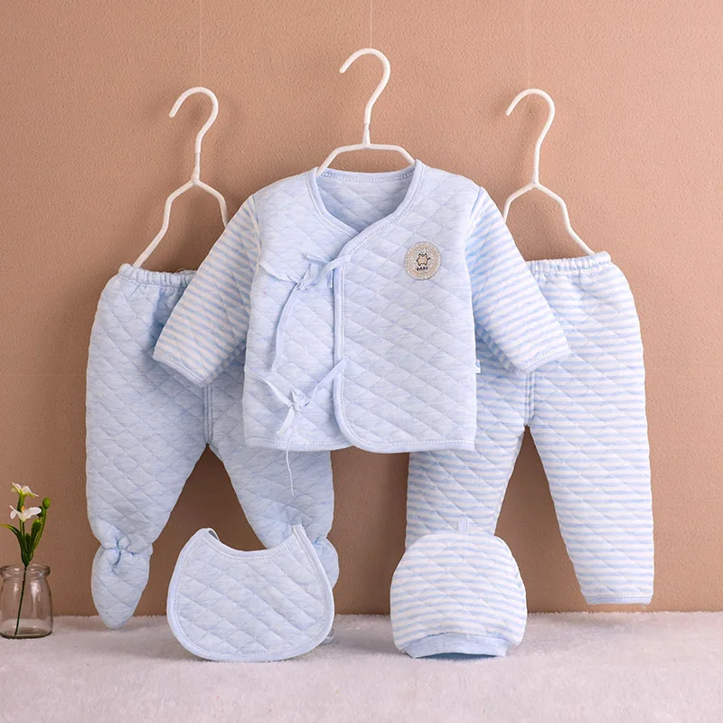 5Piece Autumn Winter Newborn Boy Clothes Girls Outfit Sets Korean Casual Cute Warm Thick Cotton Tops+Pants Baby Clothing BC839