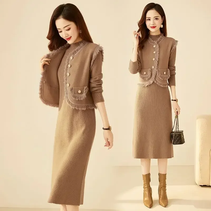 Women O-neck Exquisite Fashionable Button Dress Sets 2024 Autumn Winter Commute Solid Temperament Two Piece Set Knit Dress